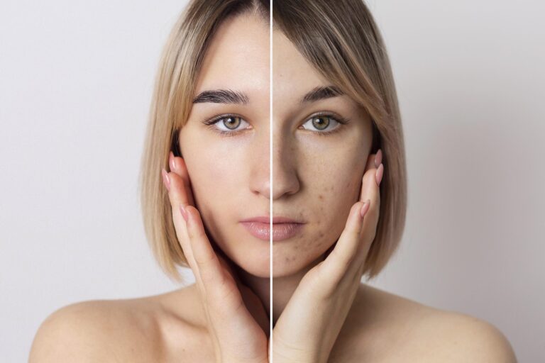 Antes e depois de uma mulher com melasma e sem melasma
