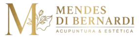 Logo Mendes Di Bernardi Acupuntura e Estética com M e ícone de um rosto com flores na cor dourado